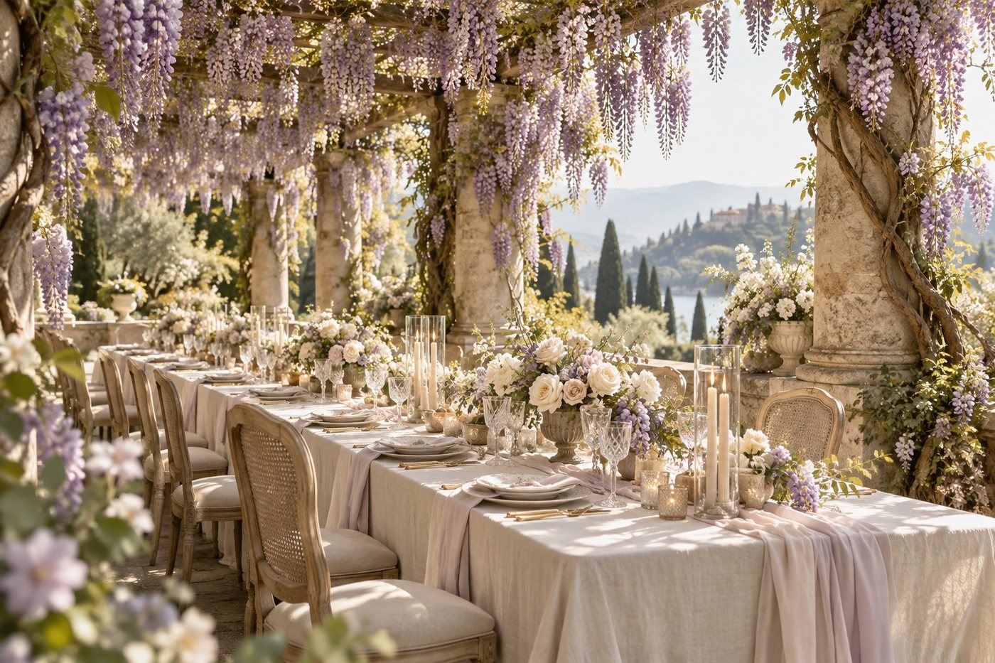 A wisteria arch in a garden in May