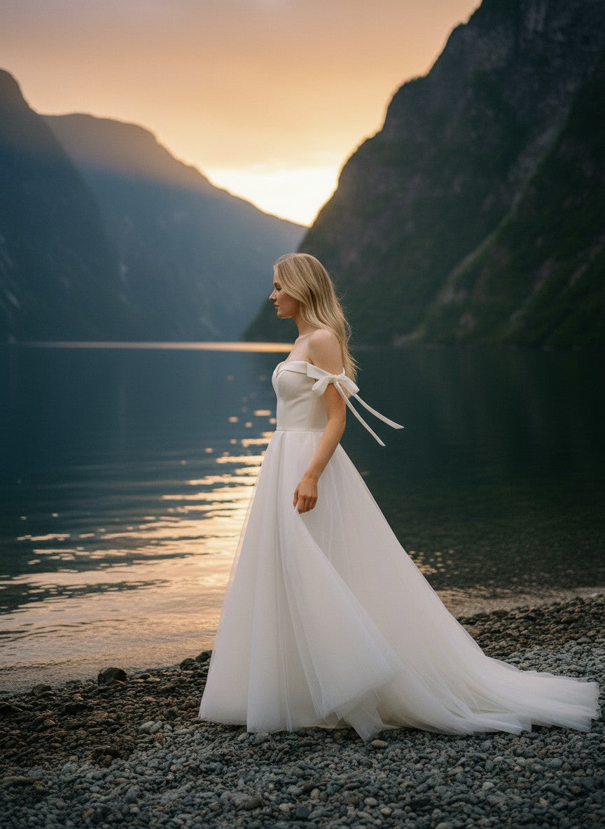 A-Line Tulle Wedding Dress — with Train, Custom size to 8