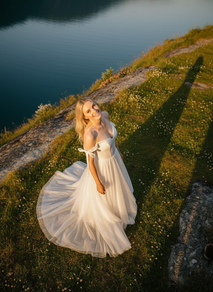 A-Line Tulle Wedding Dress — with Train, Custom size to 8