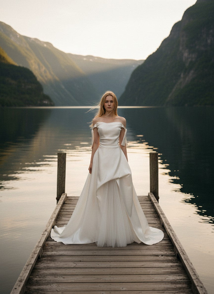 A-Line Tulle Wedding Dress — with Train, Custom size to 8
