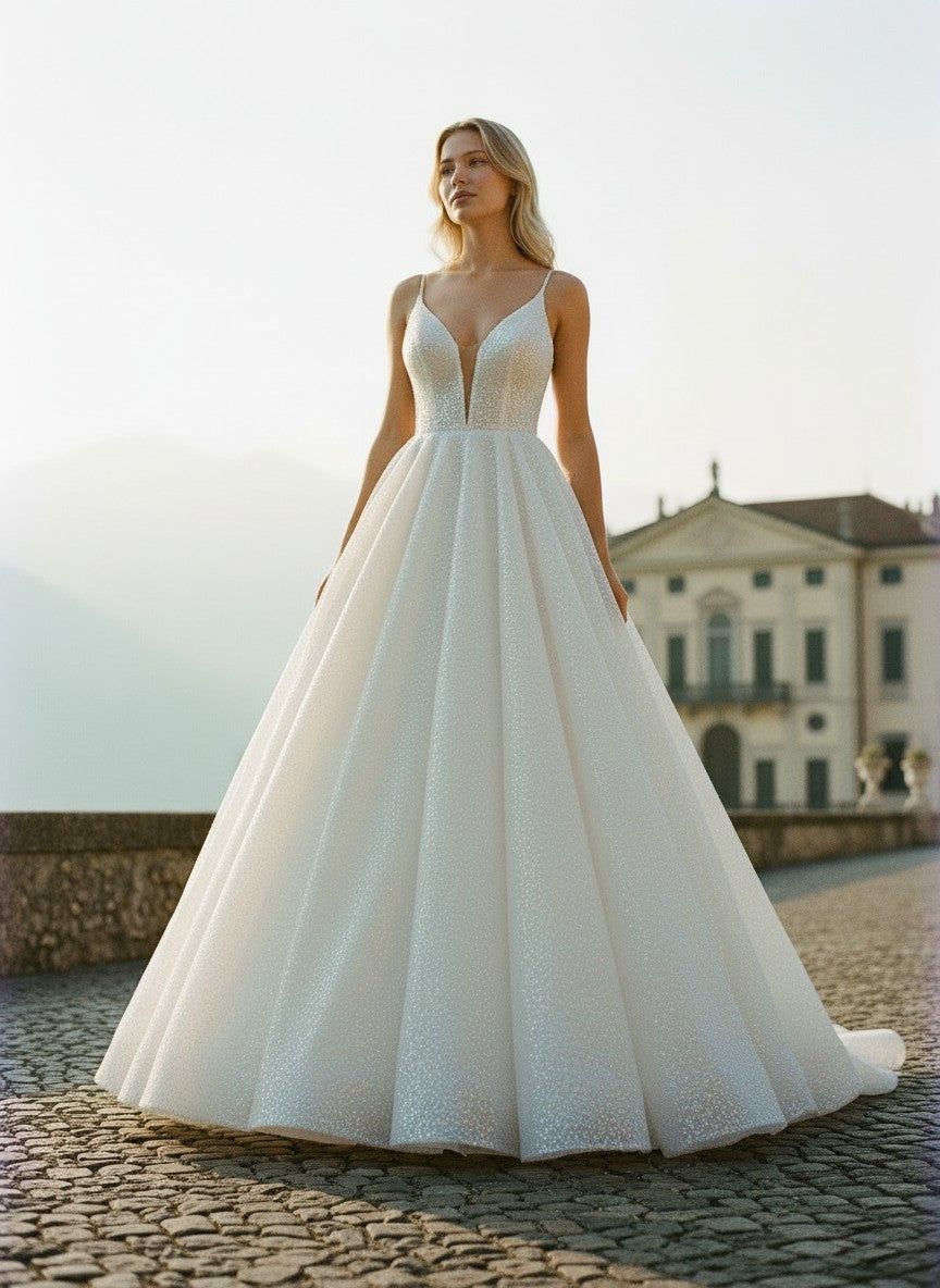 A-Line Sequin Wedding Dress — 6 Colours, 22W to 14