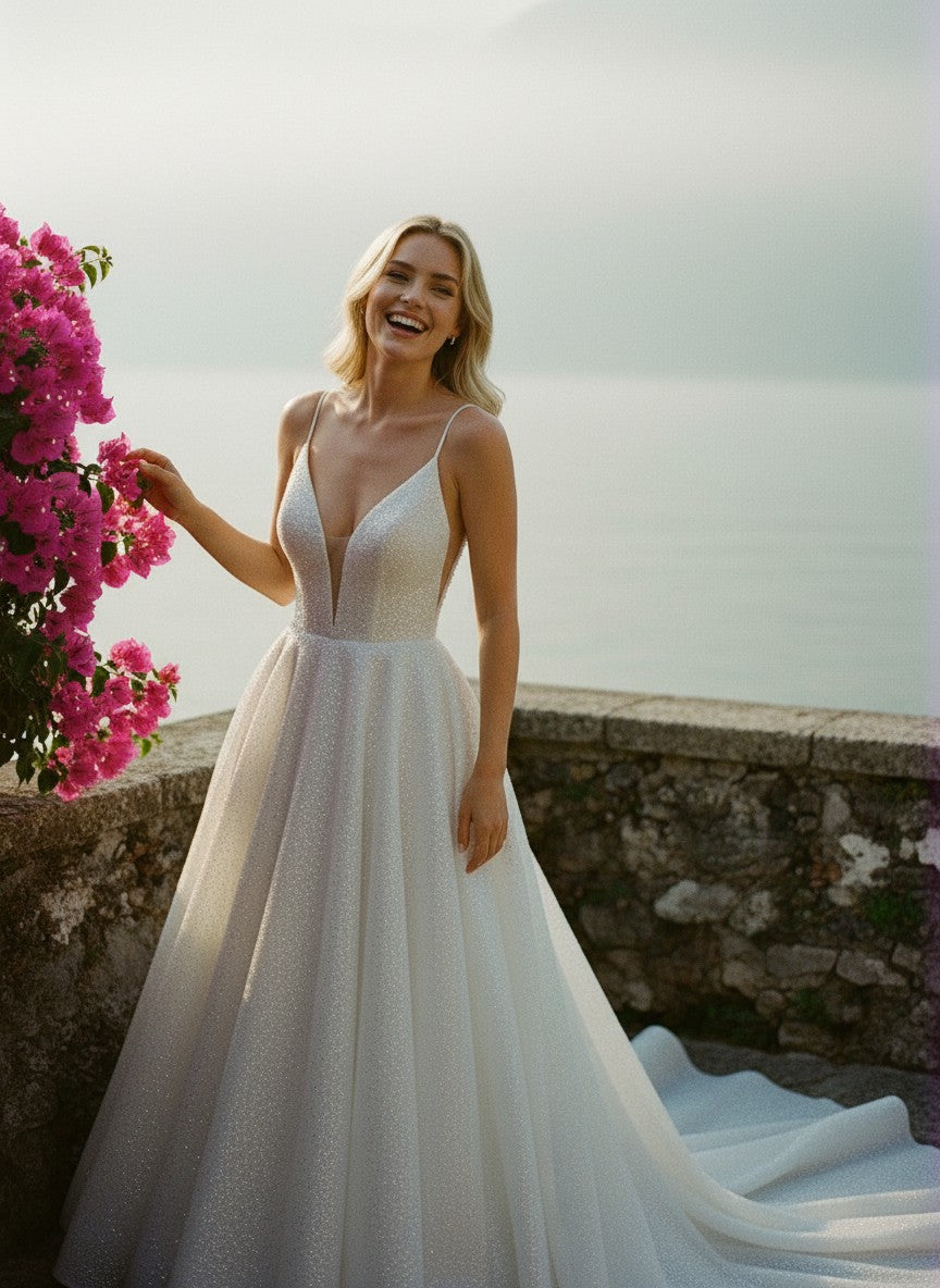 A-Line Sequin Wedding Dress — 6 Colours, 22W to 14