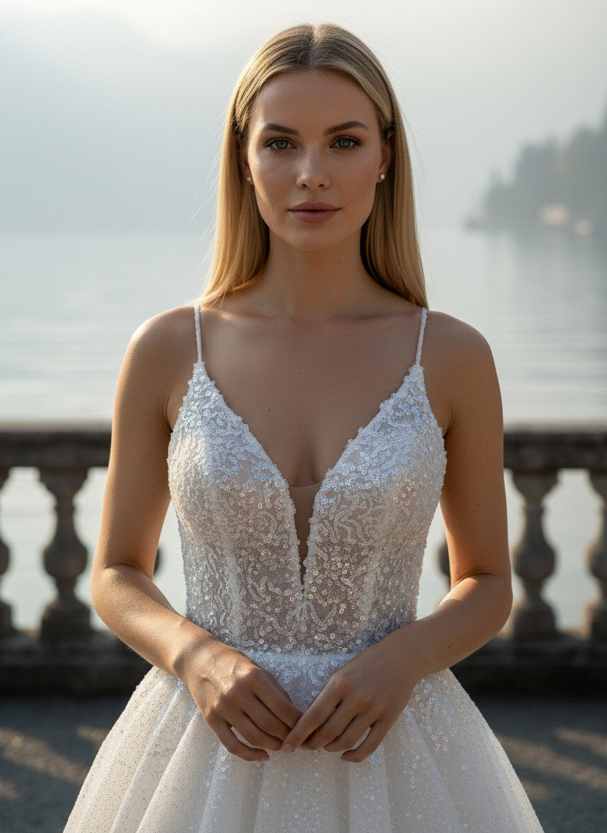 A-Line Sequin Wedding Dress — 6 Colours, 22W to 14