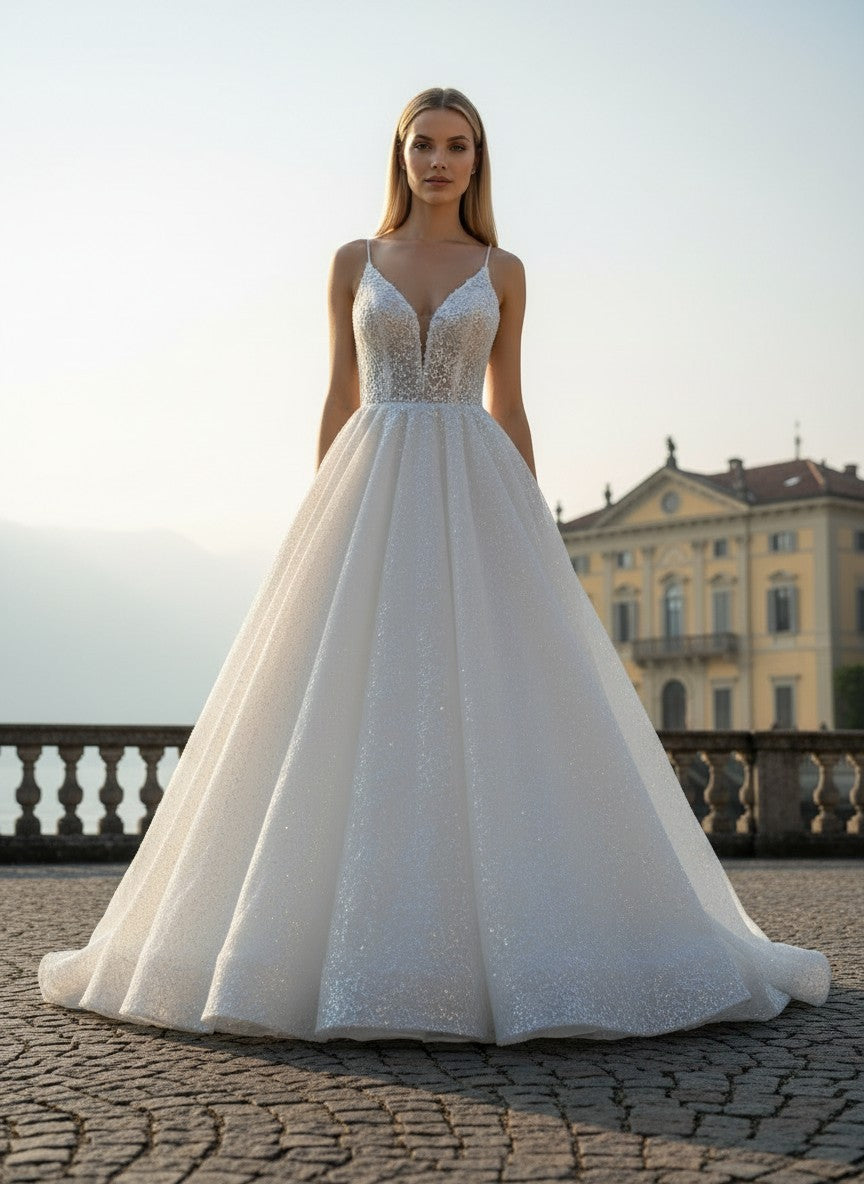 A-Line Sequin Wedding Dress — 6 Colours, 22W to 14