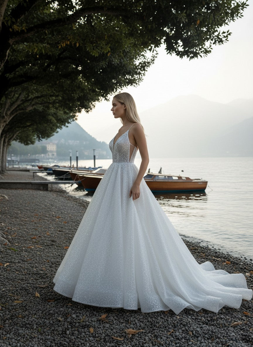 A-Line Sequin Wedding Dress — 6 Colours, 22W to 14