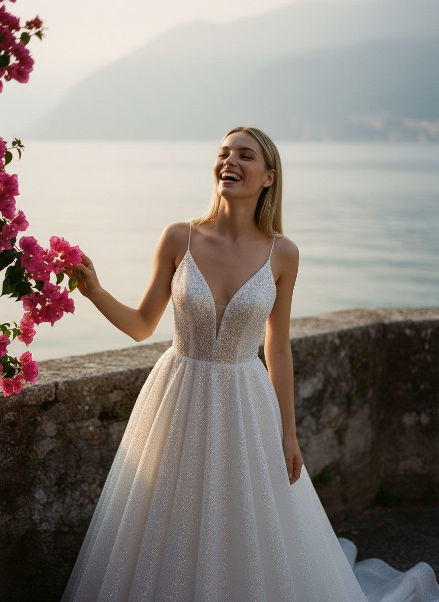 A-Line Sequin Wedding Dress — 6 Colours, 22W to 14