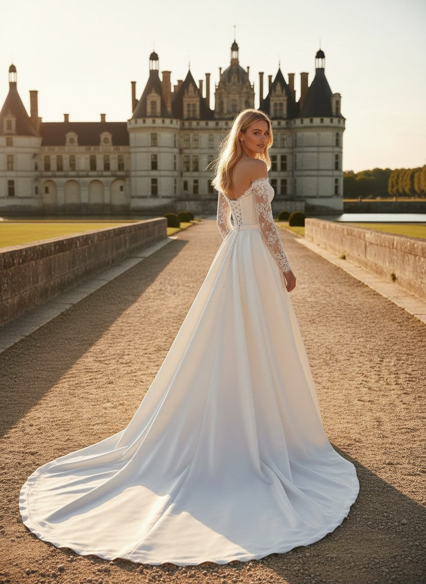 Mermaid Off Shoulder Wedding Dress — with Train, Custom size to 6