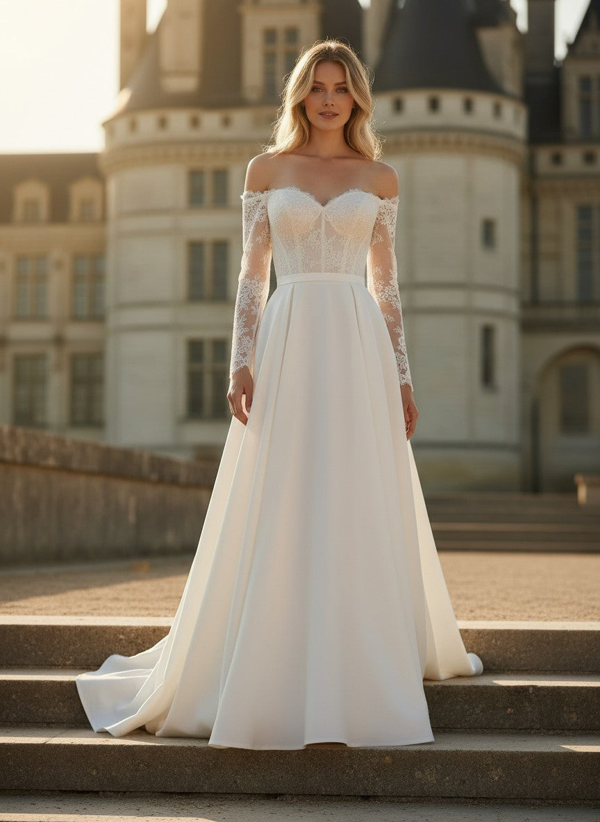 Mermaid Off Shoulder Wedding Dress — with Train, Custom size to 6