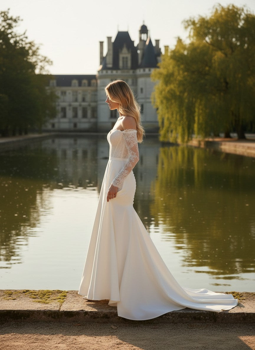 Mermaid Off Shoulder Wedding Dress — with Train, Custom size to 6