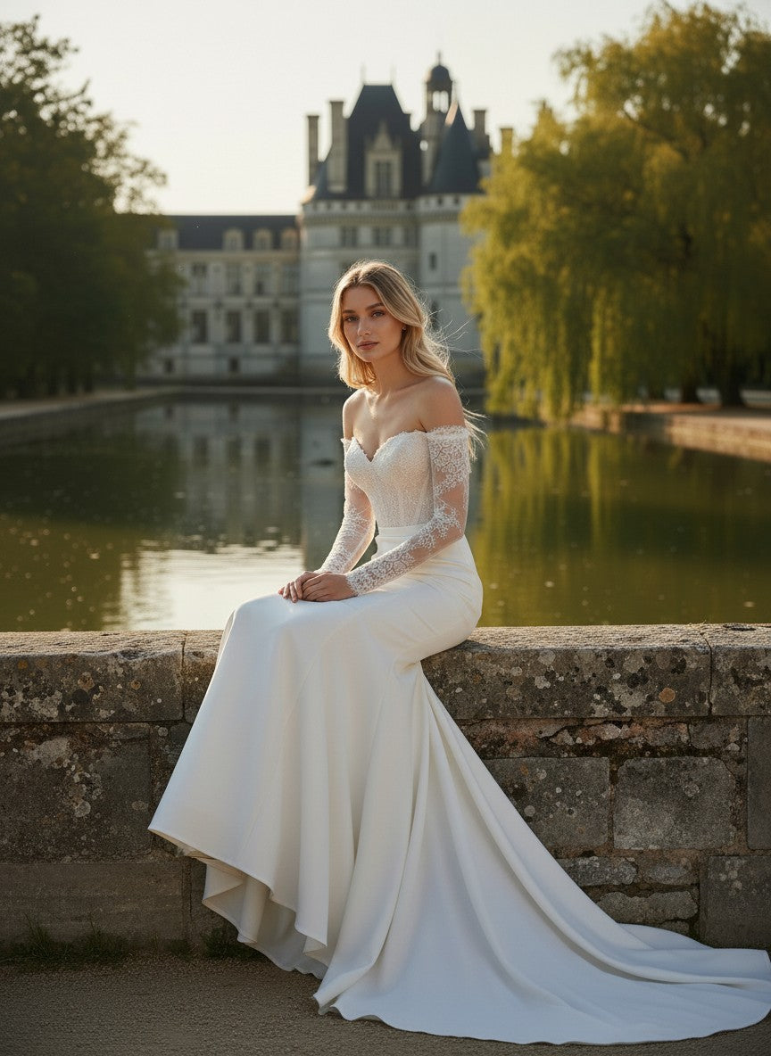 Mermaid Off Shoulder Wedding Dress — with Train, Custom size to 6