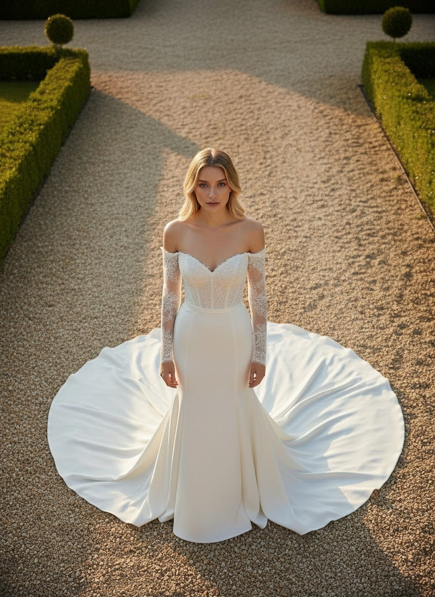 Mermaid Off Shoulder Wedding Dress — with Train, Custom size to 6