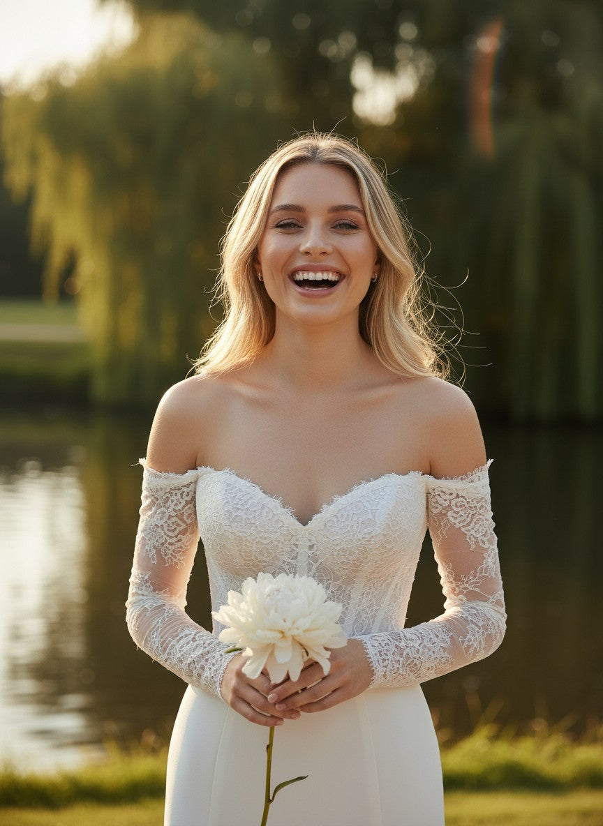 Mermaid Off Shoulder Wedding Dress — with Train, Custom size to 6