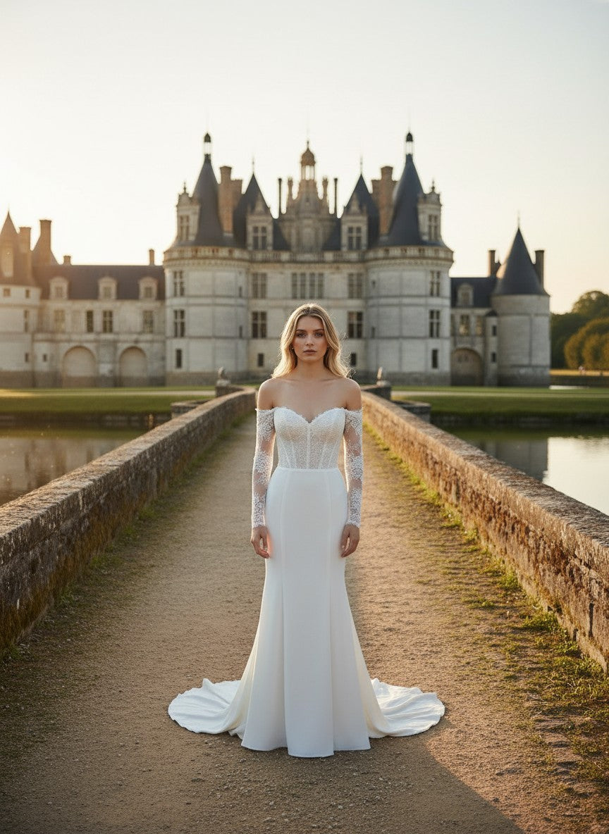 Mermaid Off Shoulder Wedding Dress — with Train, Custom size to 6