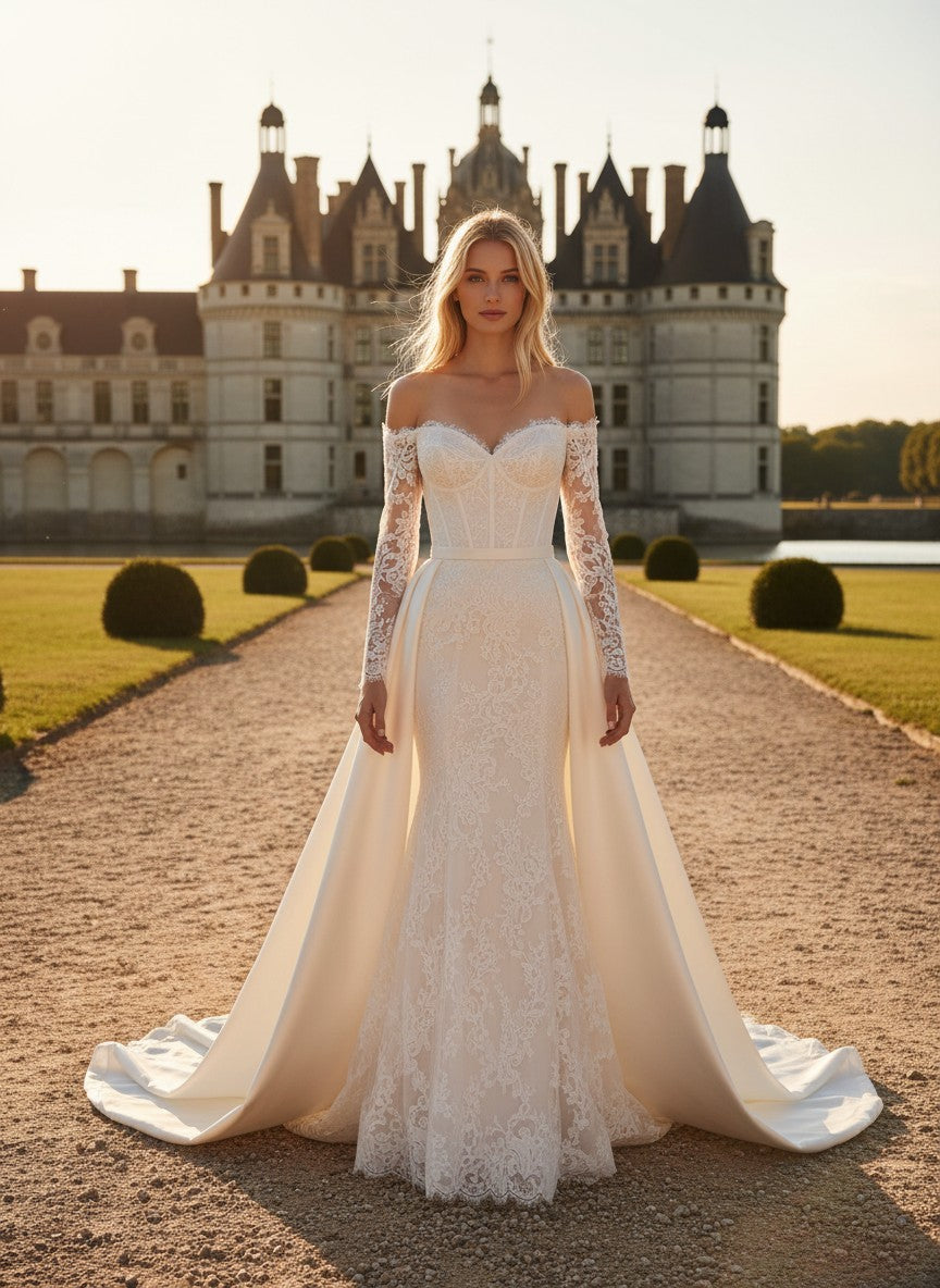 Mermaid Off Shoulder Wedding Dress — with Train, Custom size to 6