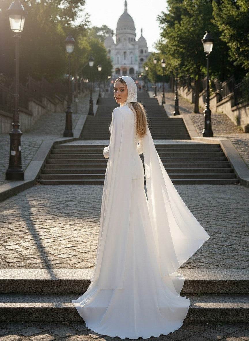 Long Sleeve Round Neck Wedding Dress — Long, 4 to Custom size