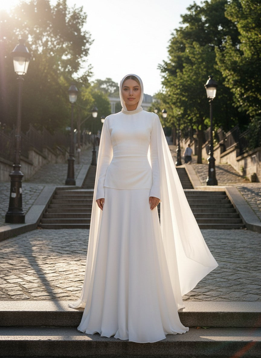 Long Sleeve Round Neck Wedding Dress — Long, 4 to Custom size
