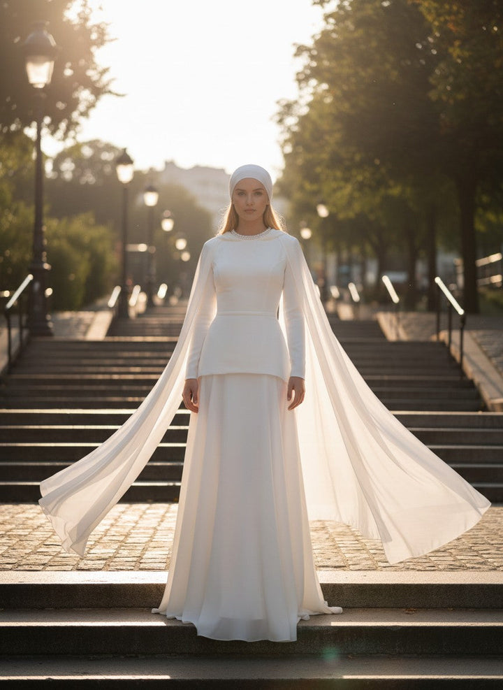 Long Sleeve Round Neck Wedding Dress — Long, 4 to Custom size